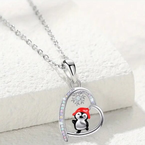 Jewelry - Cute Enamel Heart Penguin & Snowflake Fashion Pendant Silverplated Necklace